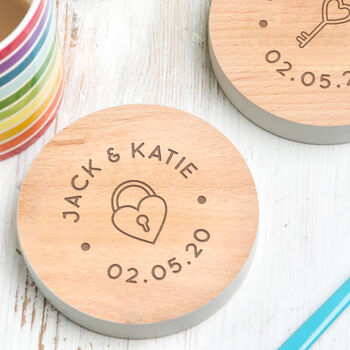 Personalised Wood Lock And Key Coaster Set For Couples, 3 of 8