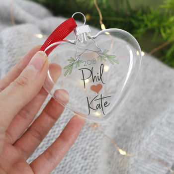Christmas Mistletoe Flat Heart Bauble For Couples, 8 of 11