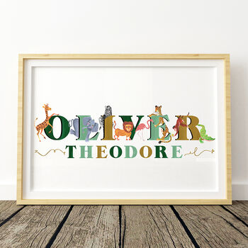 Safari Animal Personalised Green Toned Name Print, 2 of 5