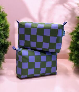 Handprinted Boxy Pouch Lilac And Green Checkered, 2 of 5