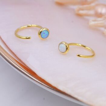 Sterling Silver Blue Or White Opal Huggie Hoop Threader Earrings, 3 of 11