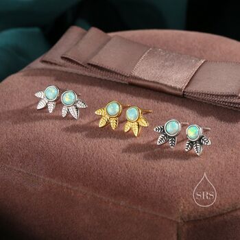 Sterling Silver Green Opal And Leaf Motif Stud Earrings, 4 of 10