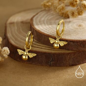 Sterling Silver Dangling Bee Hoop Earrings, 7 of 11