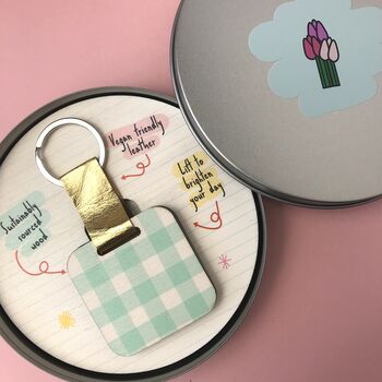 Personalised Teal Gingham Print Mirror Keyring, 6 of 6