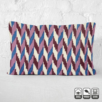 Pink, Blue And Burgundy Cotton Ikat Cushion Cover, 5 of 8