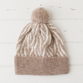 Lambswool Knitted Zebra Pom Pom Hat, 8 of 12