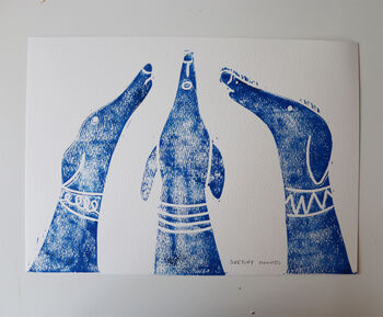 Lino Print Of Three Howling Lurcher Dogs, 2 of 2