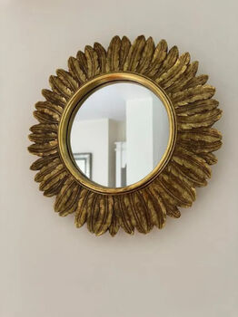 32cm Gold Sunburst Mirror Feather Leaf Decor Distressed Gift, 6 of 7