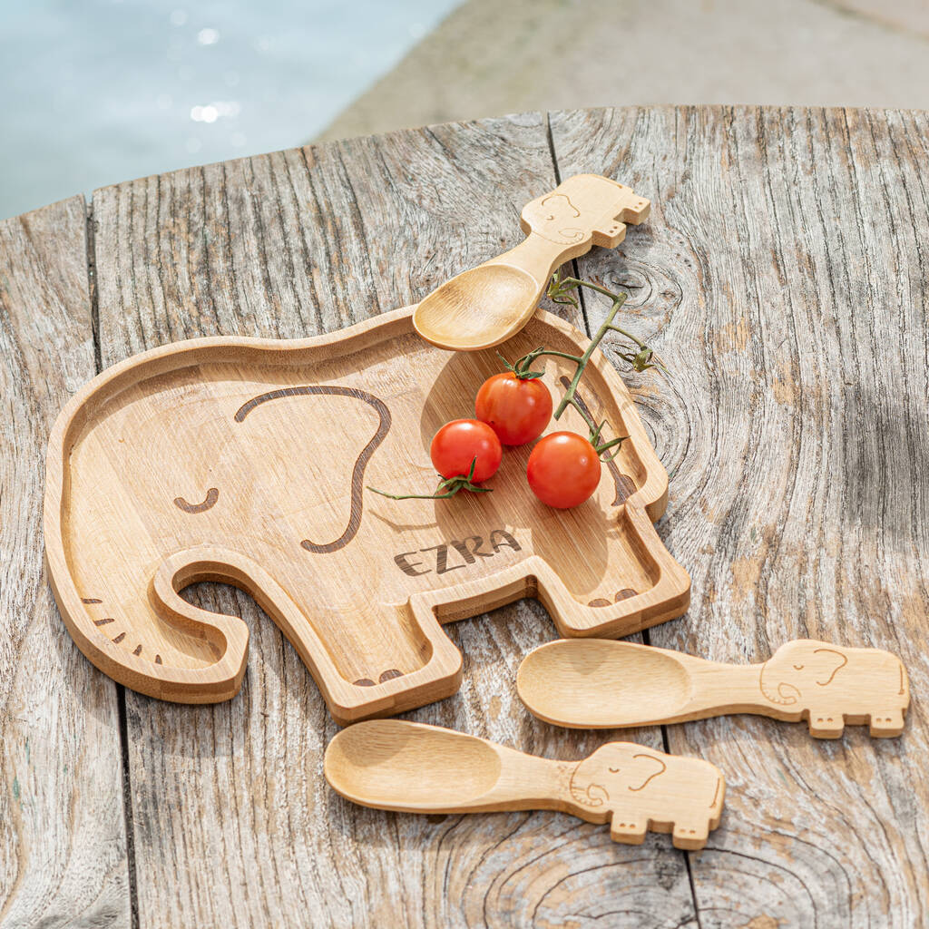 Personalised Elephant Bamboo Plate And Cutlery Set, 1 of 3