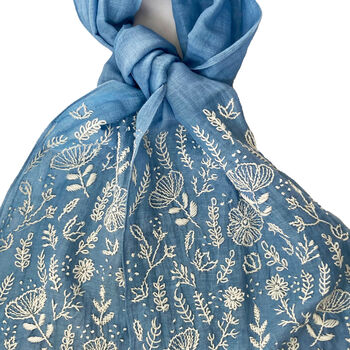 Hand Embroidered 100% Linen Scarf In Denim Blue Floral, 4 of 6