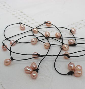 Pink Pearl Lariat Necklace On Black Leather, 2 of 2