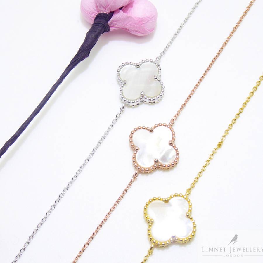 Mother Pearl Clover Bracelet 925 Silver Rose Gold By Linnet Mother Pearl Clover Bracelet 925 Silver Rose Gold