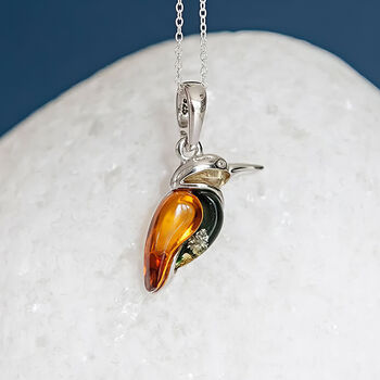 Personalised Sterling Silver Baltic Amber Kingfisher Necklace, 2 of 12