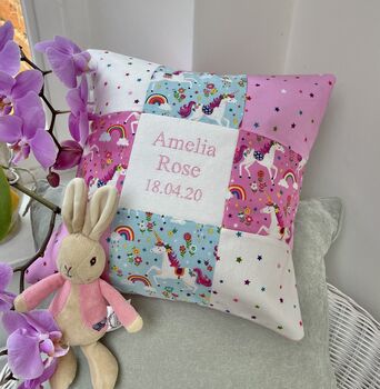 Pink Unicorn Name And Date Cushion, 5 of 5