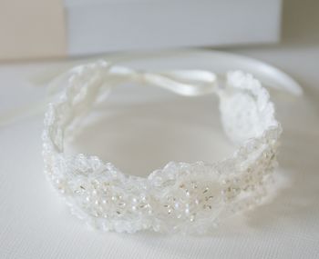 Hand Embellished Beaded Ivory Lace Bridal Bracelet, 3 of 6