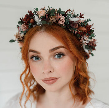 Scarlett Flower Crown Red Wine And Dusky Pink Preserved Wedding Halo, 2 of 5