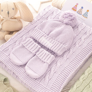 Seaside Blue Cable Knit Baby Blanket, Hat And Mittens Set, 12 of 12