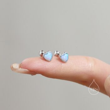 Sterling Silver Blue Opal Heart Screw Back Earrings, 5 of 10