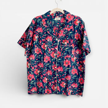 Navy And Pink Block Print 100% Cotton Ladies Pyjama Short Set, 5 of 10