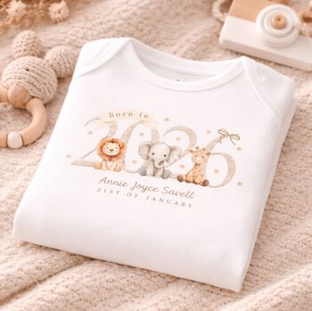 Personalised Born In 2026 Baby Sleepsuit | Zoo Or Farmyard Animal Babygrow, 3 of 4