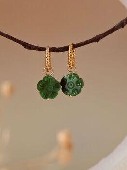 Botan Flower Natural Green Jade Huggie Hoop Earrings, 9 of 10