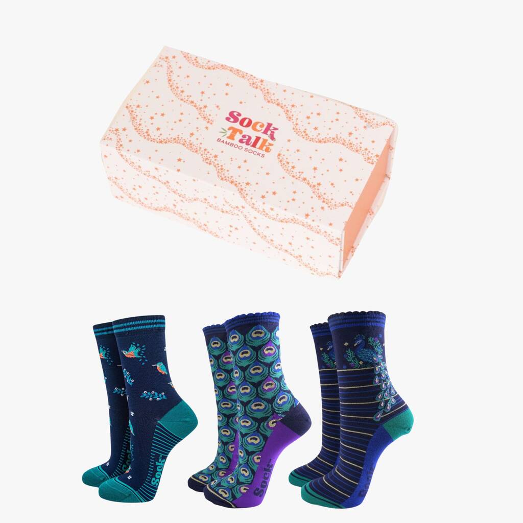 Peacock Kingfisher Birds Bamboo Socks Gift Box, 1 of 4