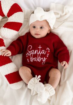 Santa Baby Christmas Embroidered Baby Knitted Romper, 5 of 12