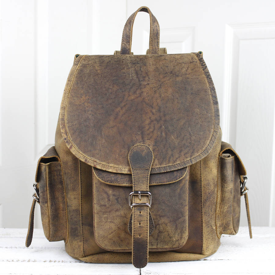 vintage style large leather backpack by scaramanga