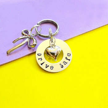 Personalised Drive Safe Keyring With Bow And Heart Charms, 2 of 6
