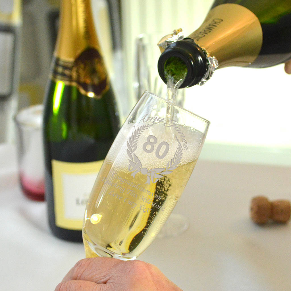 Engraved 80th Birthday Champagne Flute Wreath Design, 1 of 5