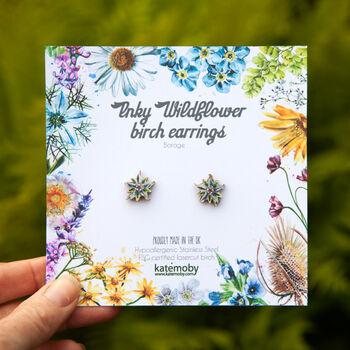 Inky Borage Wildflower Birch Stud Earrings, 3 of 10