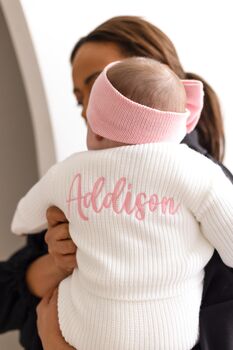 Spring Baby Name White Embroidered Personalised Cardigan, Perfect Baby Shower Or New Baby Gift, 2 of 12