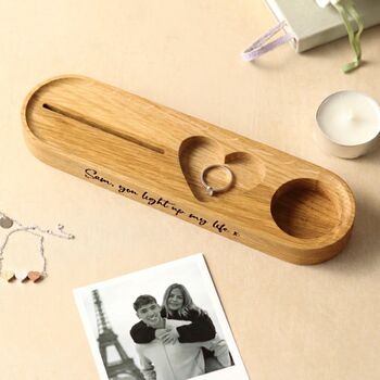 Personalised Candle And Photo Stand, With Red Leather Heart Jewellery Tray – Romantic Gift, 5 of 9