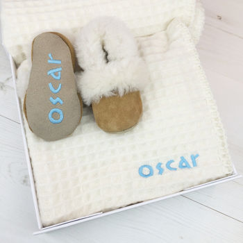 Personalised Lambswool And Sheepskin Cosy Baby Gift Set, 3 of 9