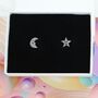 Happy Star And Moon Stud Earrings, thumbnail 1 of 2