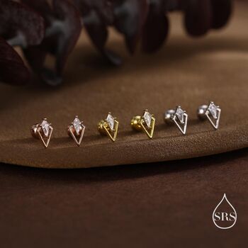 Sterling Silver Art Deco Inspired Tiny Rhombus Cz Screw Back / Internally Threaded Flat Back / Stud Earrings, 6 of 12
