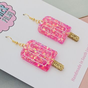 Pink Ice Lolly Glitter Statement Earrings / Summer Treat Jewellery Pink Popsicle Statement / 90s Summer Aesthetic Playful Kitsch Accessory, 3 of 5
