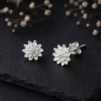 Sterling Silver November Birth Flower Chrysanthemum Stud Earrings, 5 of 7