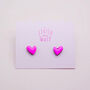 Neon Pink Wonky Wooden Heart Stud Earrings, thumbnail 3 of 6