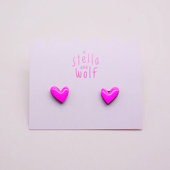 Neon Pink Wonky Wooden Heart Stud Earrings, 3 of 6