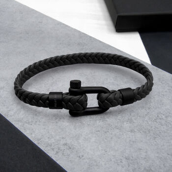Personalised Men's Shackle And Woven Leather Bracelet, 4 of 8