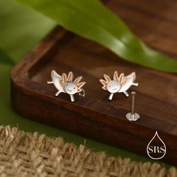 Sterling Silver Tiny Axolotl Stud/Screw Back/Flat Back Earrings, 7 of 12