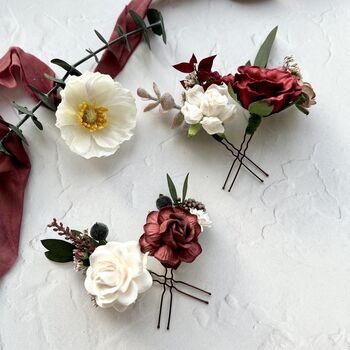 Burgundy Bridal Floral Hair Pins, 2 of 7