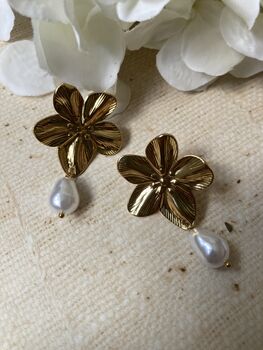 Gold Flower Pearl Drop Earrings, 3 of 6