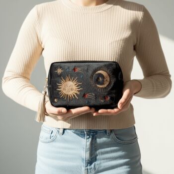 Personalised Velvet Travel Make Up Bag With Green Glitter Name – Embroidered Sun, Moon And Stars, 7 of 10