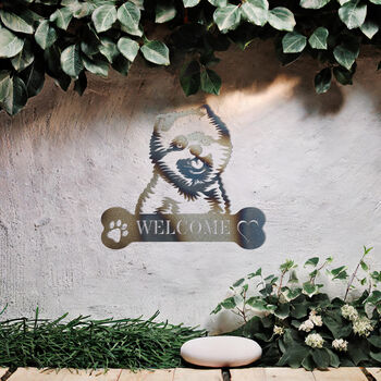 Customisable Pomeranian Welcome Metal Wall Art Sign For Home And Garden Decor, 9 of 11