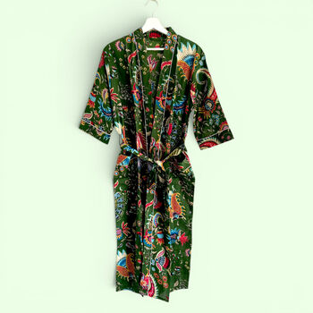 Green Floral Block Print 100% Cotton Dressing Gown, 4 of 7