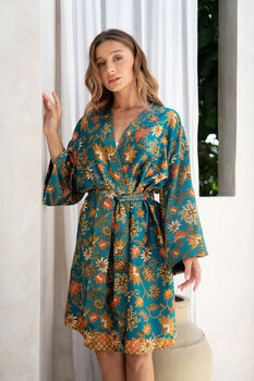 Teal Satin Batik Kimono Robe, 5 of 9