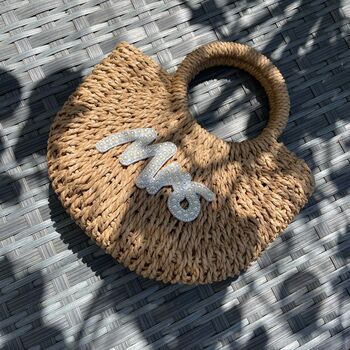 Mrs Pearl Straw Half Moon Semi Circle Basket Drawstring Bag, 2 of 3