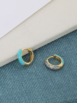 Gold Blue Or Green Enamel Cz Reversible Huggie Hoops, 10 of 12